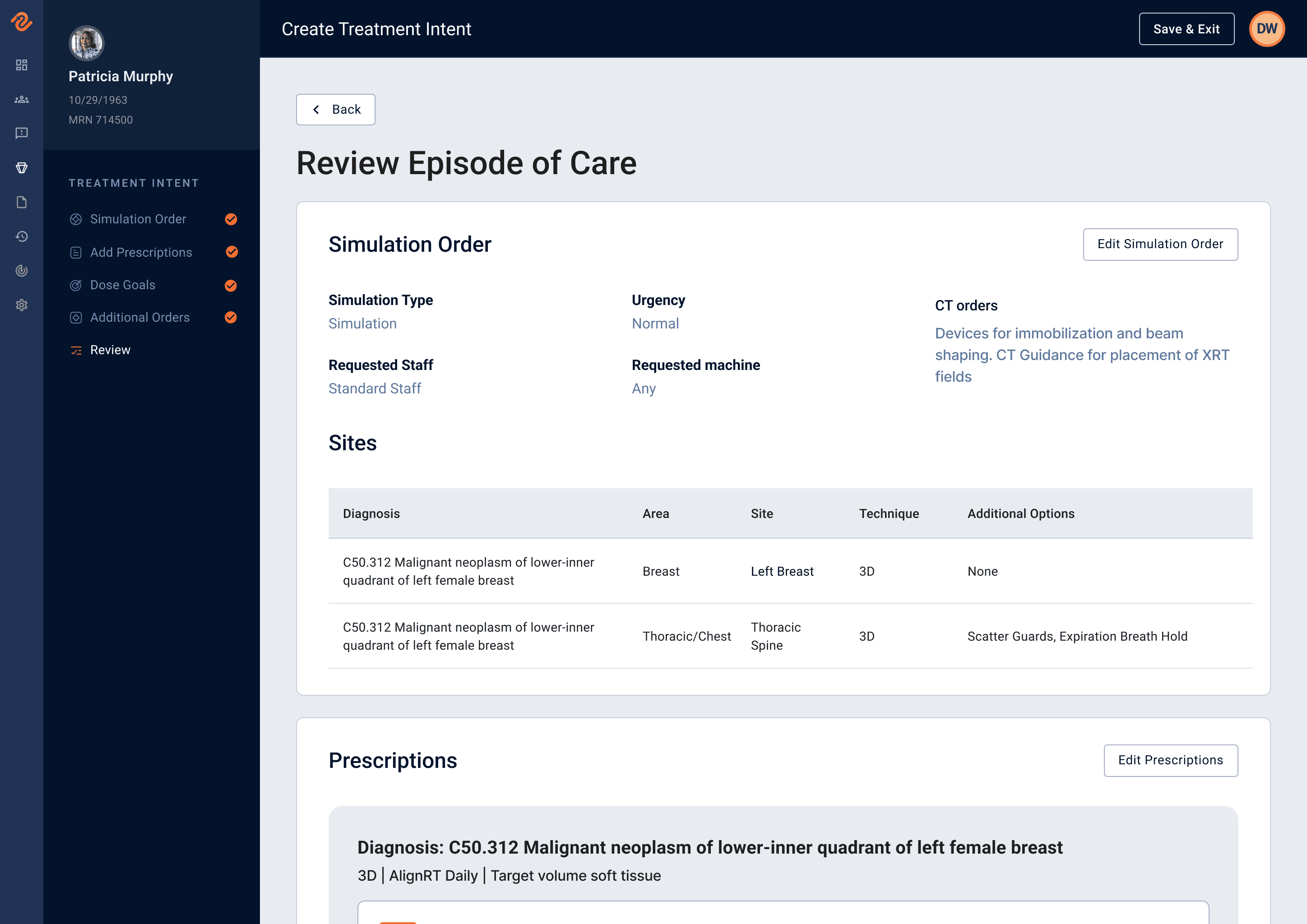 Clinical workflow showing treatment intent and simulation orders